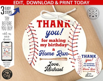 Baseball thank you tag. Baseball little rookie round tag 3x3. Sports party labels. Red navy blue ball favor tag template. 191HPA 17 B