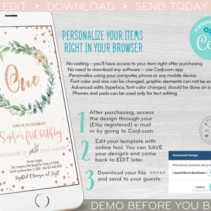May include: A digital invitation template for a first birthday party. The template features a gold glitter number one surrounded by a wreath of green leaves and pink flowers. The text "Sophia's first birthday" is written in pink script. The template is customisable using the Corjl.com app.