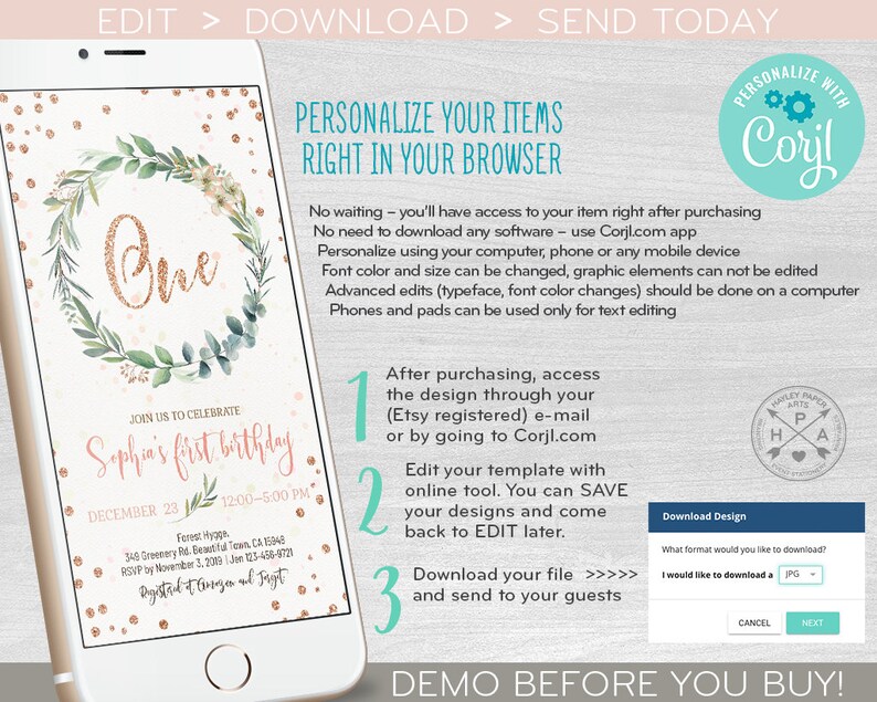 May include: A digital invitation template for a first birthday party. The template features a gold glitter number one surrounded by a wreath of green leaves and pink flowers. The text "Sophia's first birthday" is written in pink script. The template is customisable using the Corjl.com app.