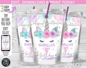 Unicorn magical juice bag label, juice bag labels, unicorn juice pouch, silver pink, any age birthday party editable template. 064HPA 31