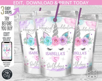 Puede incluir: Tres etiquetas de caja de jugo imprimibles con un unicornio con cuernos de purpurina plateada, flores rosas, moradas y azules, y el texto "celebración mágica". Las etiquetas también incluyen el texto "Isabella's 5th birthday".