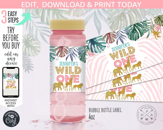 EDITABLE Jungle bubble bottle labels girl gold animals safari wild one greenery first birthday. Instant access to the template. 041HPA 32 B Il_570xn