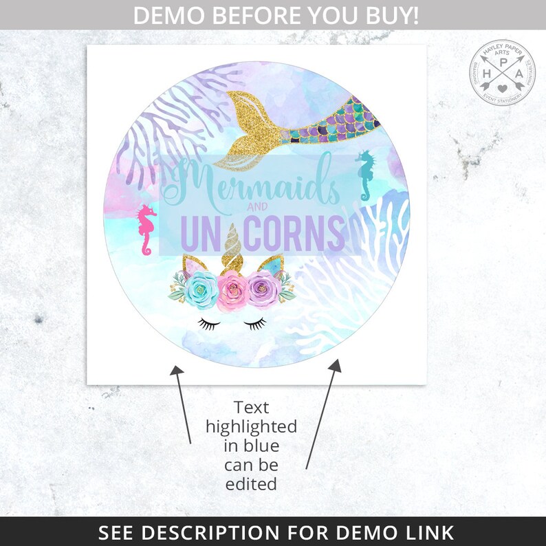 May include: A watercolor illustration of a mermaid and unicorn with the text "Mermaids and Unicorns". The background is a light blue and purple watercolor wash with coral and seahorse accents.
