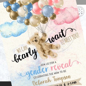 Bear gender reveal shower invitation, bearly wait hot air balloon blue pink flying vintage teddy bear balloons invite. Editable. 195HPA 03 image 5