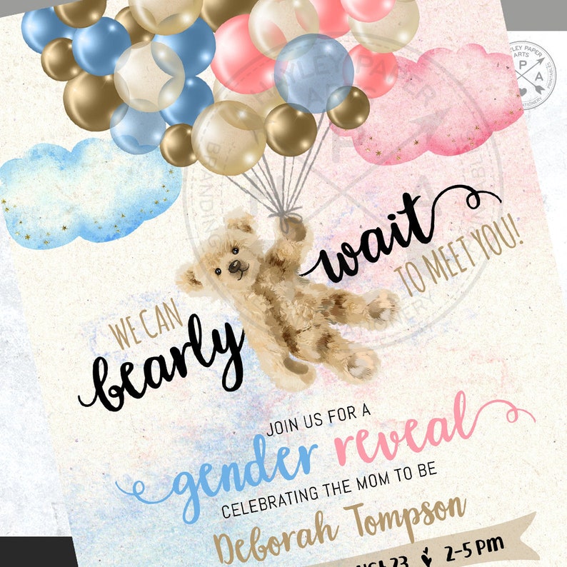 Bear gender reveal shower invitation, bearly wait hot air balloon blue pink flying vintage teddy bear balloons invite. Editable. 195HPA 03 image 5
