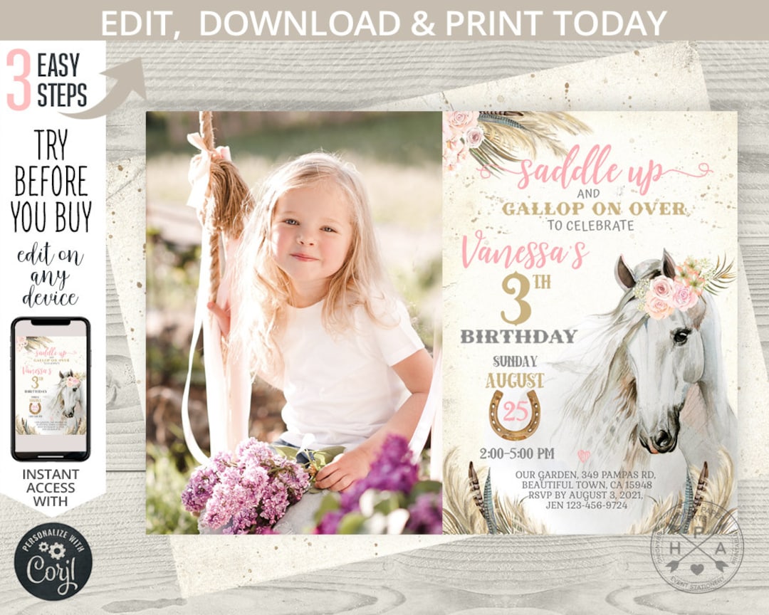 Cowgirl Birthday Invitation Horse Party Floral Photo Girl Pony ...