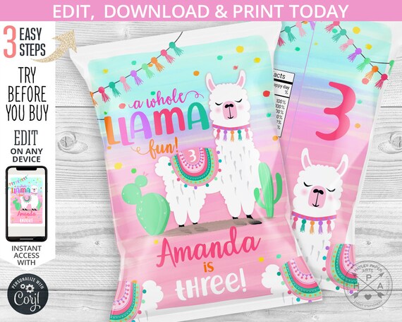 Llama fun chip bag, snacks treat bags, chips pouch, wrapper, cactus alpaca fiesta, any age birthday party editable template. 072HPA 30 B Il_570xn