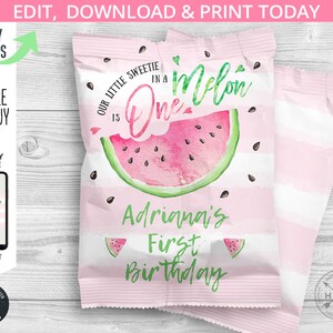 Melon fruit snacks bag, watermelon snacks treat bags, pouch, wrapper, one in a melon first birthday party editable template. 050HPA 37 A image 1