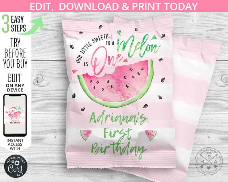 Melon fruit snacks bag, watermelon snacks treat bags, pouch, wrapper, one in a melon first birthday party editable template. 050HPA 37 A image 1