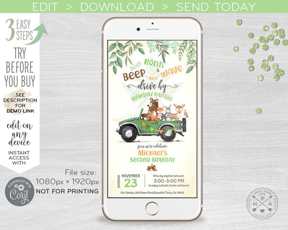 Woodland animals jeep drive by electronic birthday parade e-vite virtual smartphone invitation, digital selfediting invite. E088 02 Q 088HPA Il_570xn