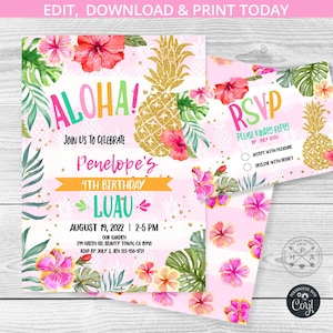Convite de aniversário de abacaxi havaiano luau aloha tropical convida festa na piscina primeiro qualquer idade. Cartão de resposta de resposta RSVP. 187HPA 07