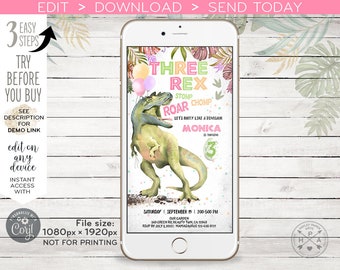 Three Rex dinosaur electronic invitation dino girl third 3rd pink dino-mite birthday sms smartphone e-vite, digital invite. E137 01 137HPA