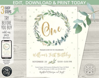 Greenery 1st birthday invitation, one boy eucalyptus ferns green wreath gold first party invitations. Printable editable template. 112HPA 01