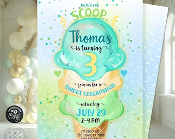 Ice cream birthday here's the scoop invitation boy summer party icecream invite invitations. Editable printable. 258HPA 01