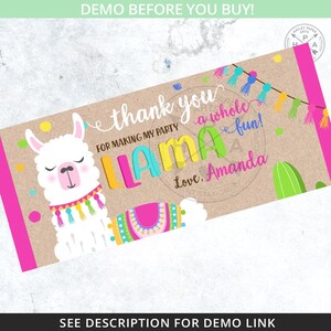 May include: A party favor featuring a llama design. The card reads "thank you" and "Llama" in colorful letters. The design includes a white llama, a cactus, and decorative tassels. The background is a light brown color.