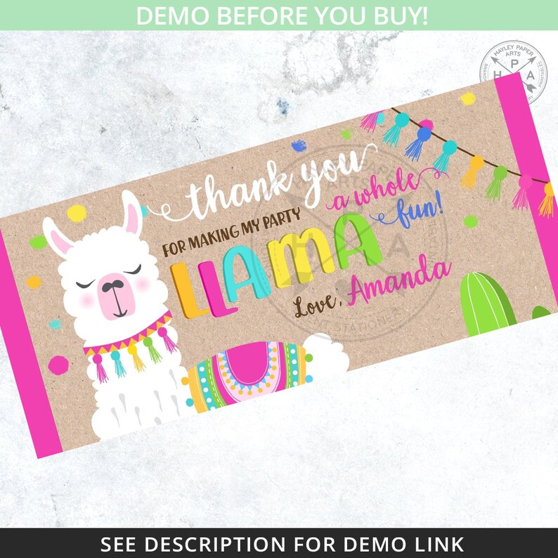May include: A party favor featuring a llama design. The card reads "thank you" and "Llama" in colorful letters. The design includes a white llama, a cactus, and decorative tassels. The background is a light brown color.