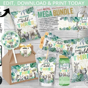 MEGA BUNDLE Jungle safari three wild birthday party pack, chips bags, juice, krispies wrappers, bottle labels. Editable printables 124HPA 49