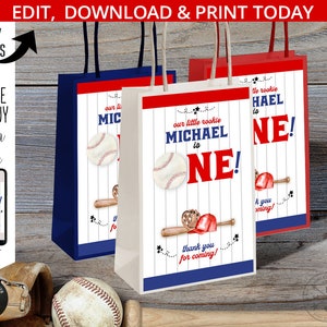 Etiketten für Baseball-Geschenktüten aus Papier, erster Geburtstag, kleiner Rookie, ONE Batter Sports Party-Griff zum Mitnehmen. Bearbeitbares Design 191HPA 19 M