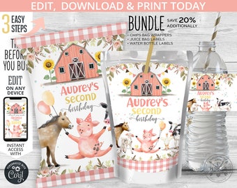 BUNDLE Farm animals pink barn chips bag, juice bags labels, water bottle label, treats pouch any age girl birthday Online template 152HPA 41