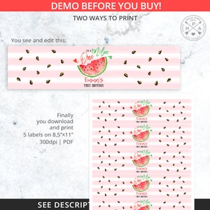 May include: Watermelon-themed printable labels for a first birthday party. The labels feature a watermelon slice with the text "In a Melon One" and "Emma's First Birthday". The labels are designed to be printed on 8.5 x 11 inch paper and can be used to decorate water bottles, favor bags, or other party supplies.