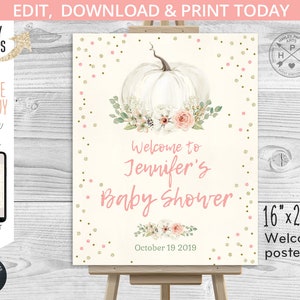 EDITABLE Pumpkin welcome sign baby shower party poster 16x20 guestbook board blush pink boho flowers confetti. Editable template. 002HPA 16
