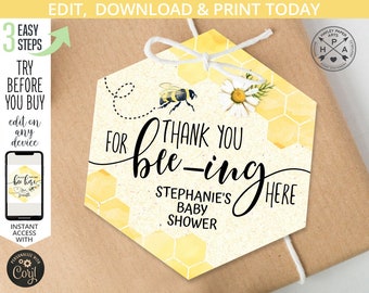 Bee favor thank you polygon honey bee-ing comb party gift tag. Bee baby reveal shower favour tag. Editable tag design. 049HPA 10 D