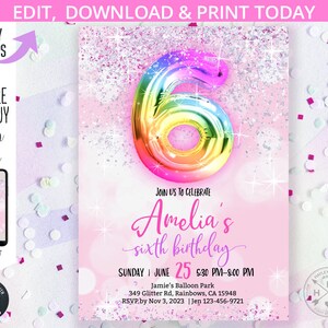 Puede incluir: Un fondo de purpurina rosa y blanco con un globo arco&iacute;ris con forma de n&uacute;mero seis. El texto "Amelia's sixth birthday" est&aacute; escrito en morado y rosa. La invitaci&oacute;n incluye la fecha, la hora y el lugar de la fiesta. El texto "Join us to celebrate" est&aacute; escrito en negro.