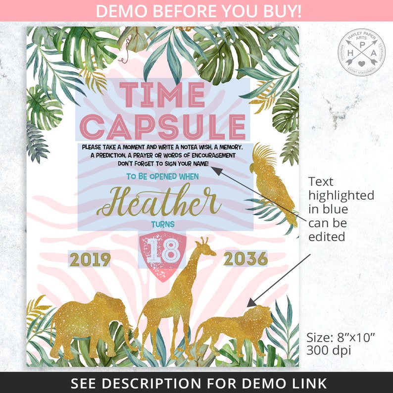K&ouml;nnte beinhalten: Ein rosa-wei&szlig;er Zebra-Streifenhintergrund mit goldenen Glitzer-Tier-Silhouetten. Der Text "Time Capsule" ist in Rosa und Blau. Der Text "To be opened when Heather turns 18" ist in Blau. Die Jahre 2019 und 2036 sind in Wei&szlig;. Der Text "Text in Blau hervorgehoben kann bearbeitet werden" ist in Schwarz.