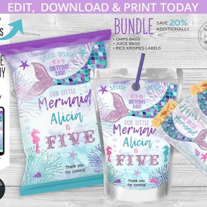 May include: Printable mermaid-themed party favor bags for a birthday party. The bags are decorated with a mermaid tail, seashells, and the text "Our Little Mermaid Alicia is Five".