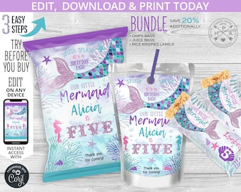 BUNDLE Mermaid chips bag, juice bag labels, rice bar wrappers, snacks treat, chips pouch, any age birthday. Editable template 060HPA 50