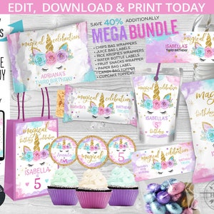 Op de afbeelding: Een set met printbare unicorn-thema feestversiering voor de verjaardag van een kind. De set bevat labels voor tassen, flessen en traktaties, evenals cupcake-toppers. De versiering heeft een unicorn met een roze, blauwe en gouden kleurschema.