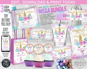 MEGA BUNDLE Unicorn tail birthday party pack, chips bags, juice, rice krispies wrappers, bottle labels. Editable printables. 046HPA 53