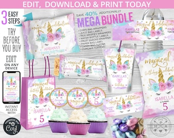 MEGA PAQUETE: Paquete imprimible para fiesta de cumpleaños de unicornio, bolsas de papas fritas, jugo, envoltorios de Rice Krispies y etiquetas para botellas. Plantillas editables. 046HPA 53