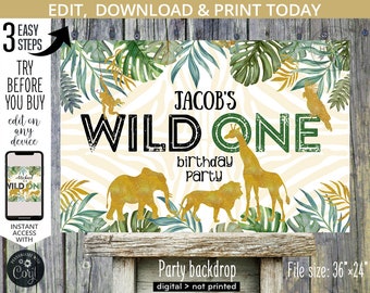 EDITABLE Jungle wild one table backdrop 36x24 1st first birthday safari gold animals board sign back drop DIGITAL PRINTABLE 040HPA 36 C