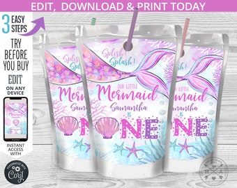 Mermaid juice bag label, small juice bags labels, under the sea pouch, purple teal, first birthday ONE party. Editable printable 199HPA 31 B