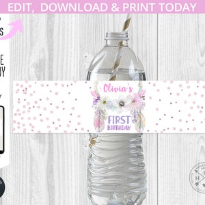 EDITIERBARE Traumfänger erster Geburtstag wilde Flasche Label Mädchen rosa lila Boho Party. Traumfänger Federn. Sofortiger Zugriff. 109HPA 19 A