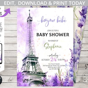 Tour Eiffel paris boho baby shower français invitation, bonjour bebe parti parisien levender violet boho. Imprimable modifiable. 234HPA 04
