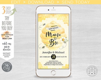 Mama Bee baby shower electronic party invitation mom-to-bee beehive honeycomb smartphone e-vite digital invite. E049 04 049HPA