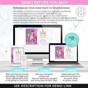 May include: A digital invitation design displayed on various devices, including a computer, tablet, and phone. The invitation has a unicorn theme with the word "Magical" and the name "Isabella". Instructions for purchase, personalization, and download are also included.