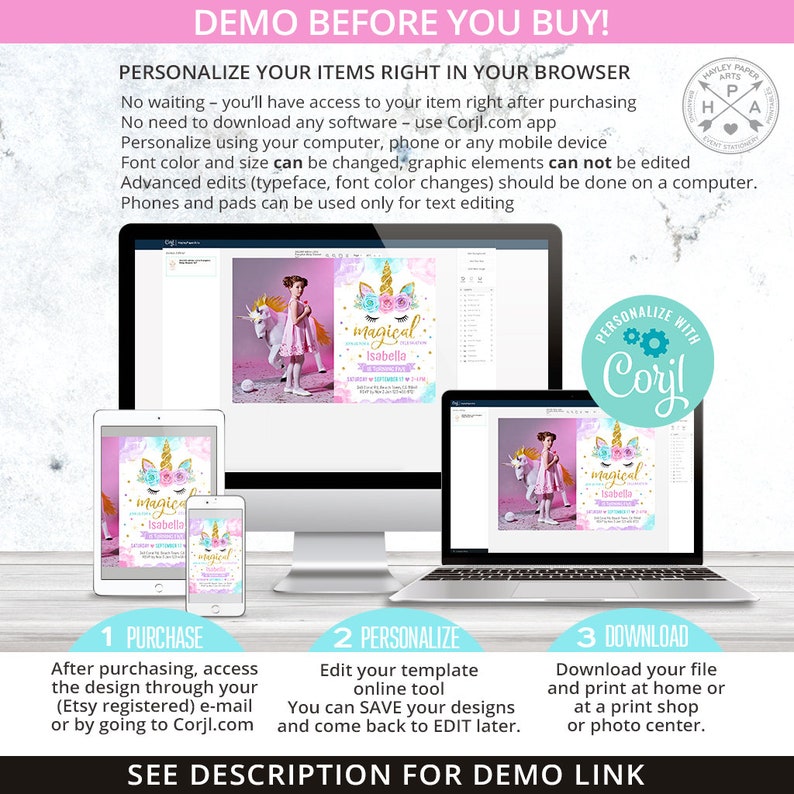 May include: A digital invitation design displayed on various devices, including a computer, tablet, and phone. The invitation has a unicorn theme with the word "Magical" and the name "Isabella". Instructions for purchase, personalization, and download are also included.