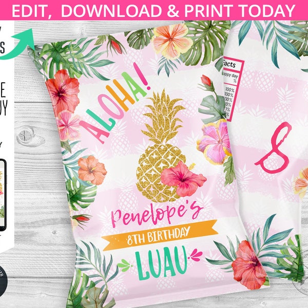 Pineapple aloha chip bag, luau hawaiian pool tropical snacks treat bags, chips pouch wrapper, any age birthday party printable. 187HPA 30 B