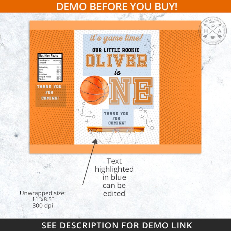 Peut inclure: Invitation de f&ecirc;te sur le th&egrave;me du basket-ball orange avec le texte "it's game time!" et "Our Little Rookie Oliver is ONE." Comprend un graphique de ballon de basket et une illustration de panier de basket. Dimensions : 27,94 cm x 21,59 cm.