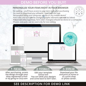 May include: A digital mockup showing how to personalize a printable design using the Corjl.com app. The design features a pink and white banner with the text "One" and a floral design. The banner is displayed on a computer screen, a tablet, and a smartphone.