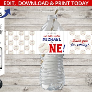 Baseball first birthday water bottle label sports games party. Baseball little rookie ONE bottle wrapper. Editable design. 191HPA 12 B