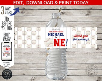 Baseball first birthday water bottle label sports games party. Baseball little rookie ONE bottle wrapper. Editable design. 191HPA 12 B