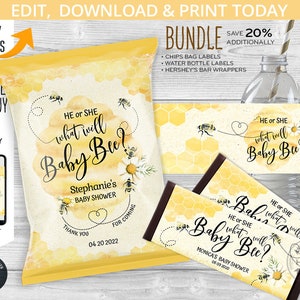 BUNDLE Bee baby reveal shower chips bag, water bottle labels, chocolate bar candy wrapper label, favors, self editable template. 049HPA 51