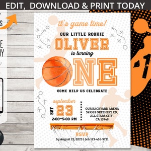 Basketball sport première invitation d'anniversaire ONE all stars boy party inviter balle jeux temps activités fête. Conception de carte modifiable. 218HPA 04