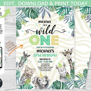 K&ouml;nnte beinhalten: Eine Dschungel-Motto-Einladung zum ersten Geburtstag mit einem gr&uuml;n-gelben "Wild One"-Banner, einem Zebra, einer Giraffe, einem Nashorn und einem Elefanten. Die Einladung ist mit gr&uuml;nen Bl&auml;ttern und einem Zebra-Muster im Hintergrund verziert. Der Text auf der Einladung lautet: "Michael is a Wild One. Join us to celebrate Michael's first birthday. August 19, 2:00-5:00 PM. Our Garden, 349 Green Rd, Beauty Town, CA 15948. RSVP by July 3, 2021. Jen 123-456-9021."