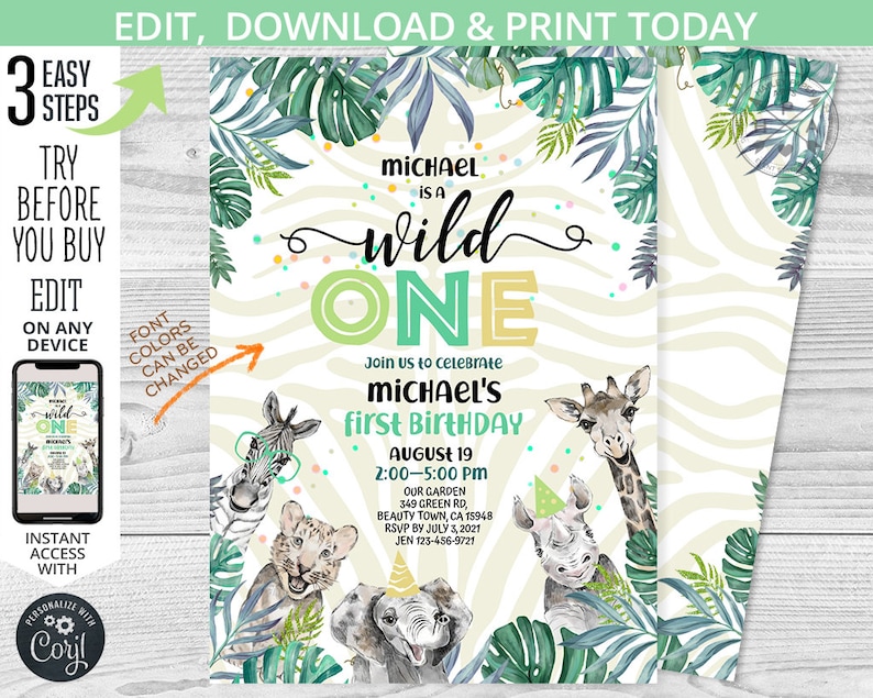 K&ouml;nnte beinhalten: Eine Dschungel-Motto-Einladung zum ersten Geburtstag mit einem gr&uuml;n-gelben "Wild One"-Banner, einem Zebra, einer Giraffe, einem Nashorn und einem Elefanten. Die Einladung ist mit gr&uuml;nen Bl&auml;ttern und einem Zebra-Muster im Hintergrund verziert. Der Text auf der Einladung lautet: "Michael is a Wild One. Join us to celebrate Michael's first birthday. August 19, 2:00-5:00 PM. Our Garden, 349 Green Rd, Beauty Town, CA 15948. RSVP by July 3, 2021. Jen 123-456-9021."
