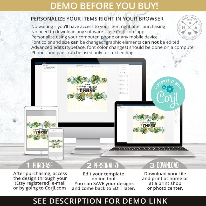 May include: A digital design template for a birthday card with a jungle theme. The card features green and gold tropical leaves with the text "Just turned wild three". The design can be personalized using the Corjl.com app.